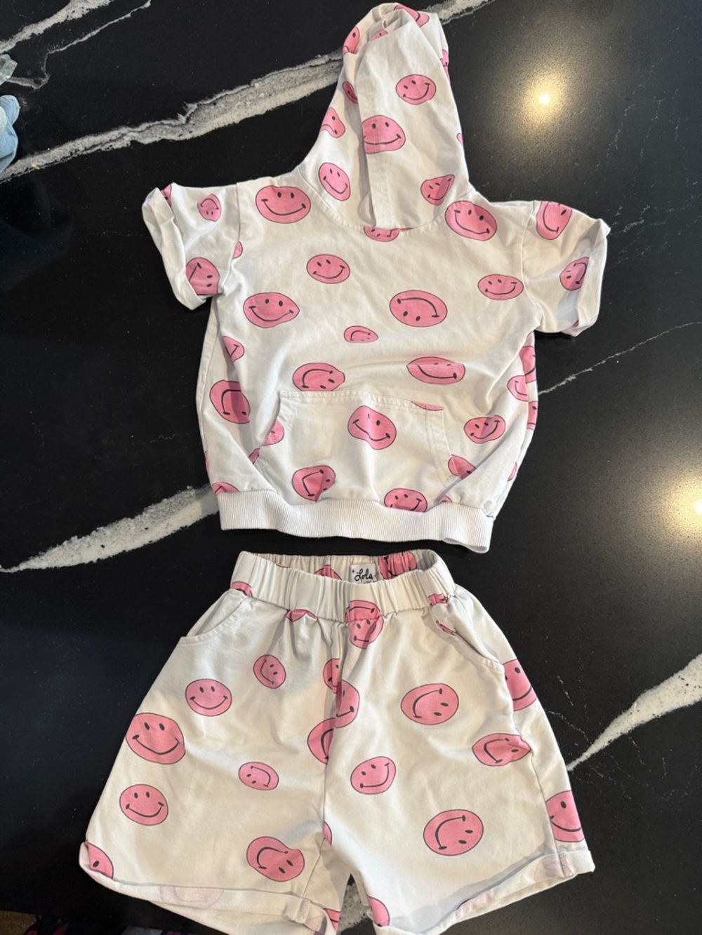 Lola + The Boys White Hoodie & Shorts Set with Pink Smiley Print